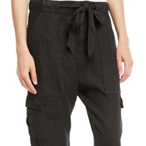 JOIE Erlette Cropped Linen Cargo Pants High Waisted Slouch Waist Ankle Tie Black - Picture 4 of 15